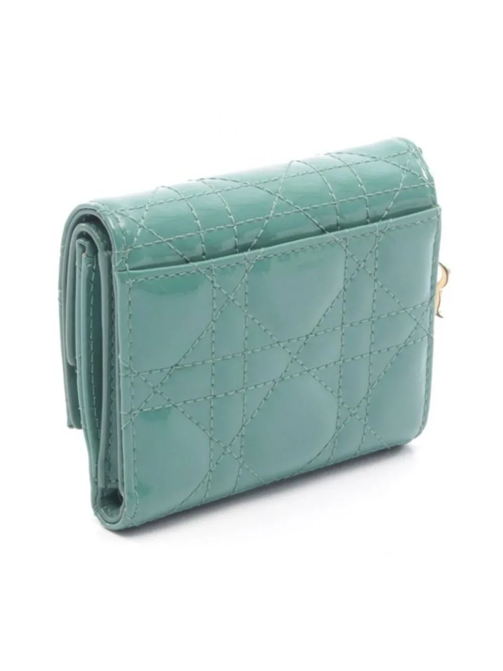 Dior Trifold Wallet Lady Lotus Blue Green Patent Leather Handbag